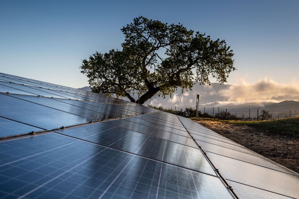Solar panels are seen on a hilltop near Santa Ynez, California.