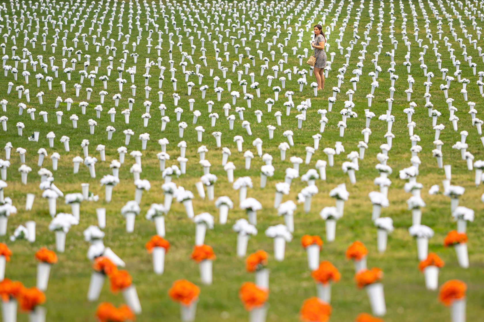 A woman walks through a field of flowers representing deaths from gun violence.
