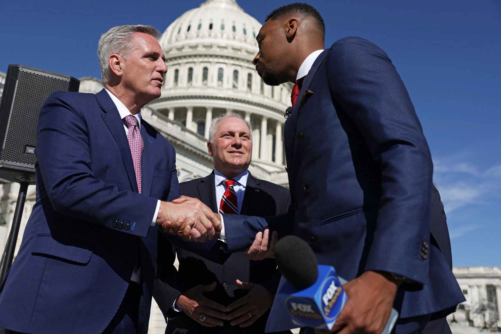 U.S. House Minority Leader Rep. Kevin McCarthy (R-CA) and House Minority Whip Rep. Steve Scalise (R-LA) are interviewed by a political analyst.