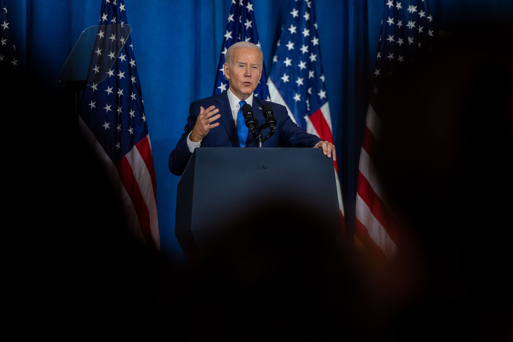 President Joe Biden speaks on preserving democracy at a rally.