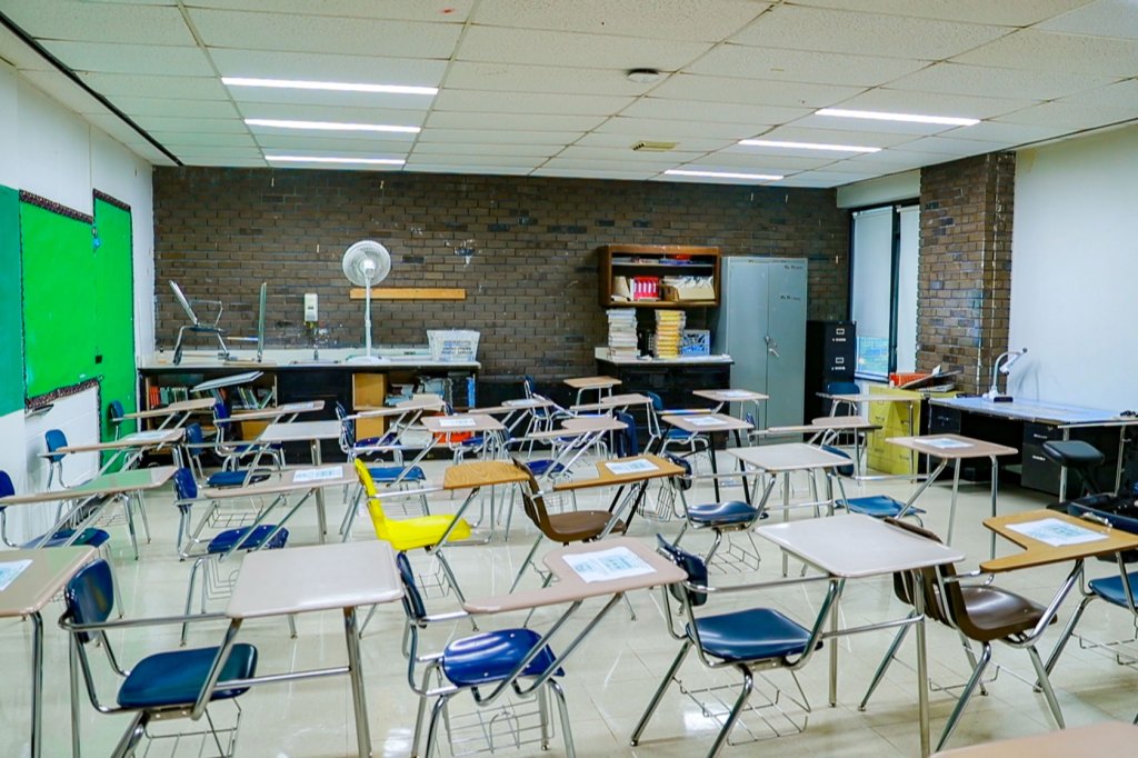 A classroom filled with desks is pictured in Hempstead, New York, on September 2, 2020.