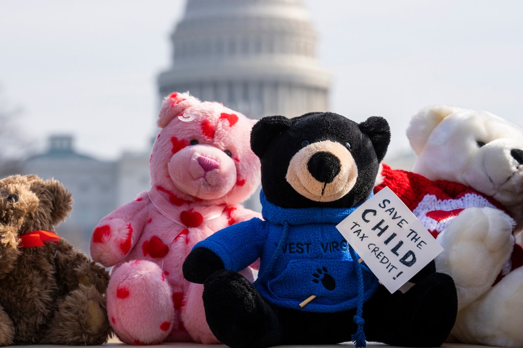 Foregrounded teddy bear with sweatshirt reading West Virginia and sign reading Save the Child Tax Credit