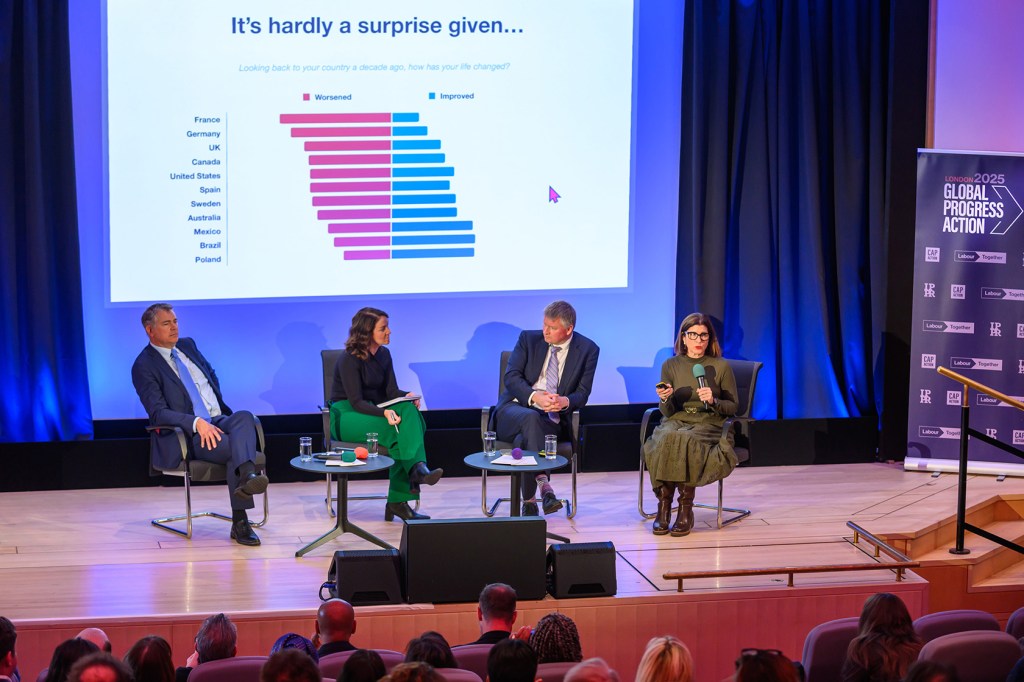 Marcus Roberts of the United Kingdom, Hans Anker of the Netherlands, Tonje Brenna of Norway, and Amy Dacey of the United States discuss the 2025 Global Progress Action Report.