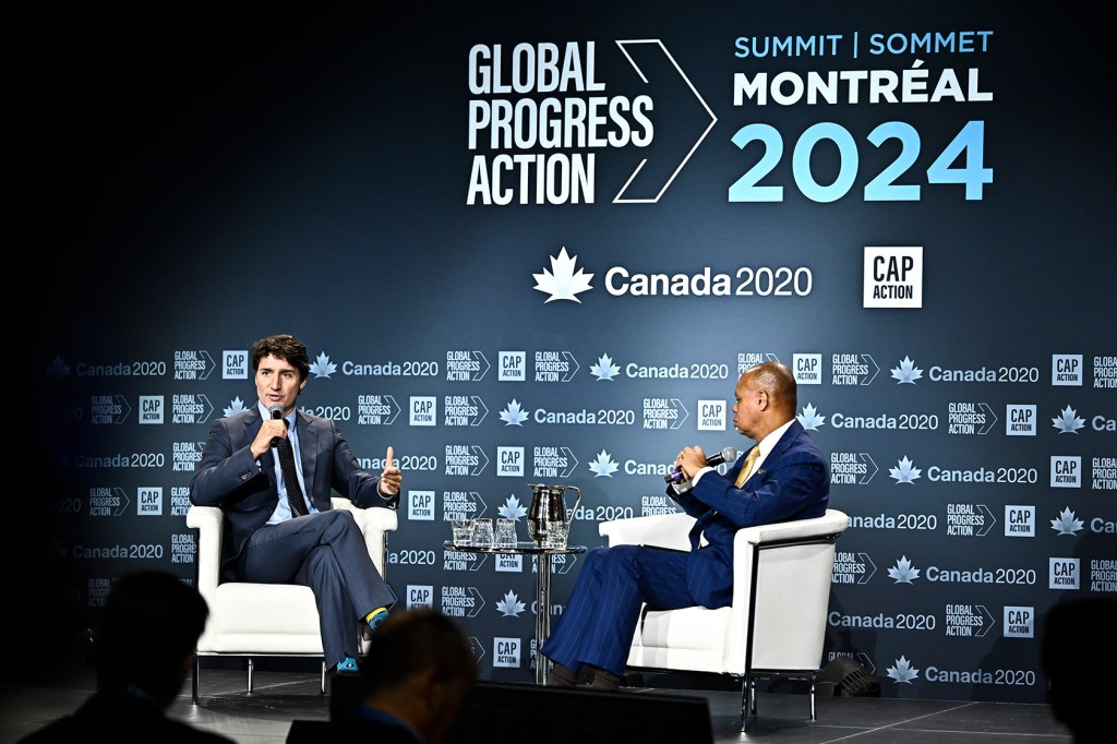Former Canadian Prime Minister Justin Trudeau and CAP Distinguished Fellow Patrick Gaspard (United States) participate in a discussion about progressive leadership.
