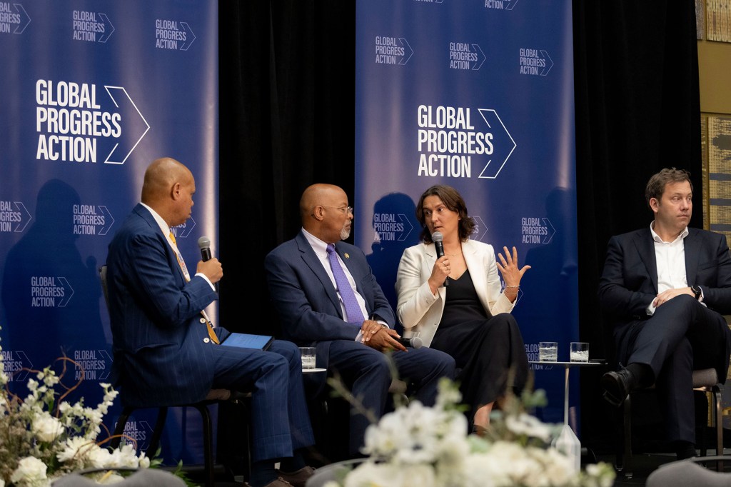 CAP Distinguished Fellow Patrick Gaspard of the United States moderates a discussion between U.S. Rep. Glenn Ivey (D-MD), Dutch MP Kati Piri, and German Deputy Chancellor Lars Klingbeil.