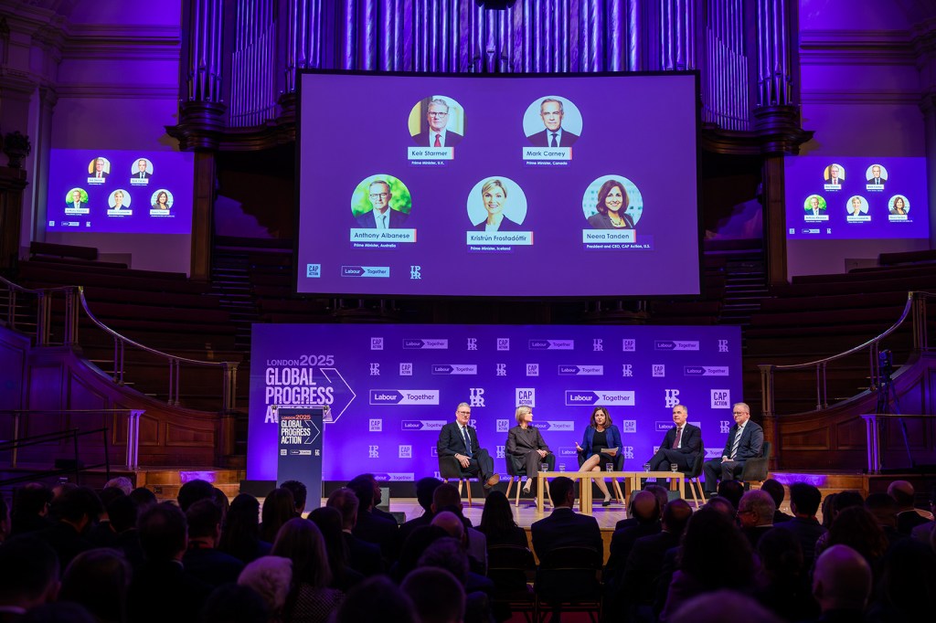Prime Ministers Keir Starmer of the United Kingdom, Kristrún Frostadóttir of Iceland, Mark Carney of Canada, and Anthony Albanese of Australia participate in the 2025 Global Progress Action Summit panel entitled “Governing for Working People.”