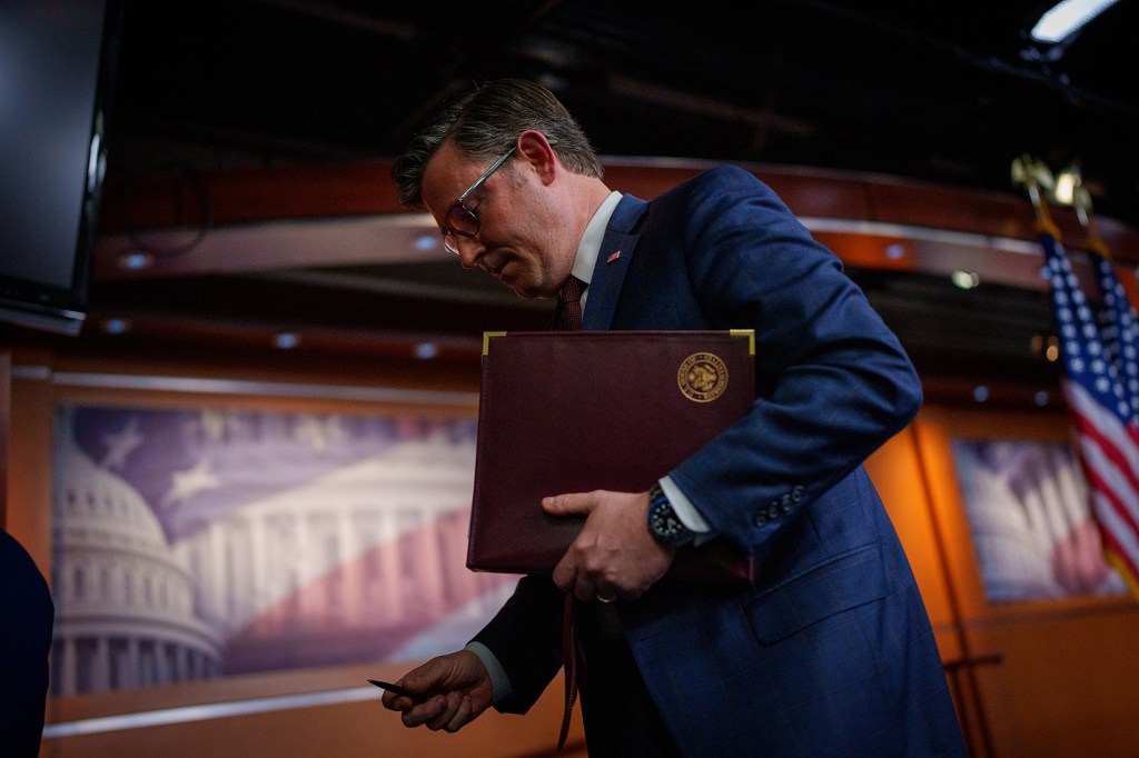 U.S. House Speaker Mike Johnson (R-LA) departs a news conference.