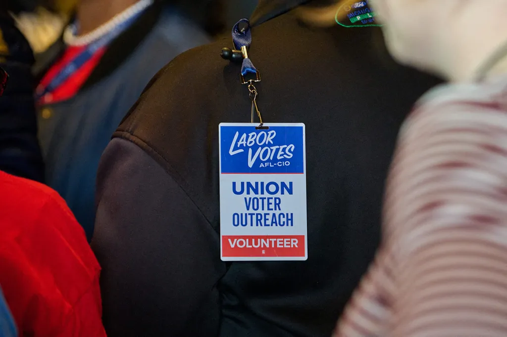 A “Labor Votes” sign is seen during a campaign even for Democratic presidential candidate Kamala Harris.